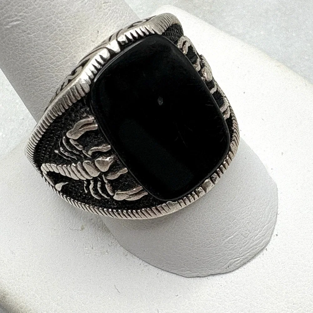 Vintage Estate Sterling Silver Onyx Mens Ring Size 11.5 Scorpion Biker Band READ